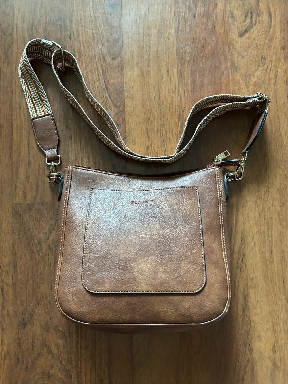 Brown Leather Shoulder Crossbody with Patterned Strap